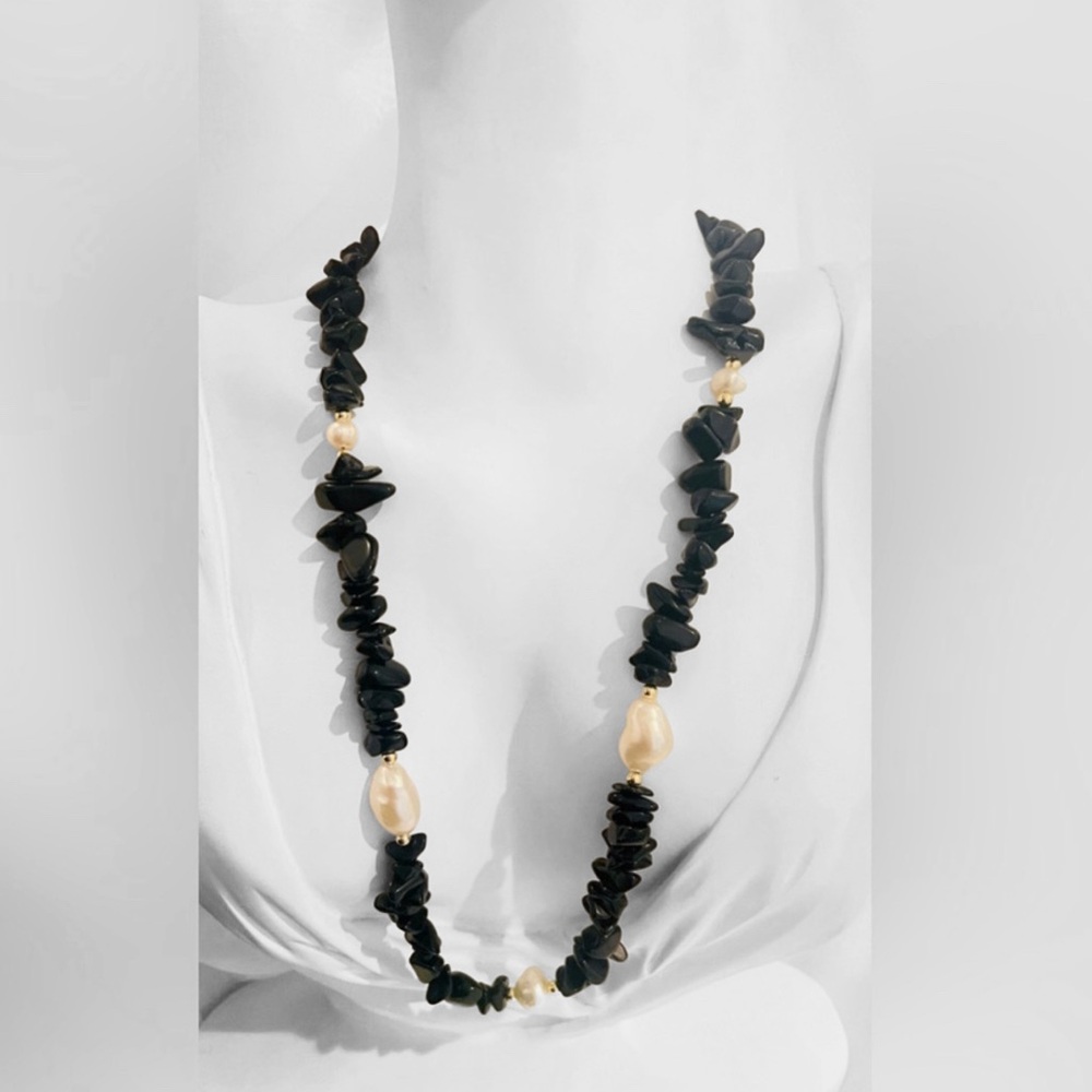 Biwa Pearl Black Obsidian Necklace 18 inches